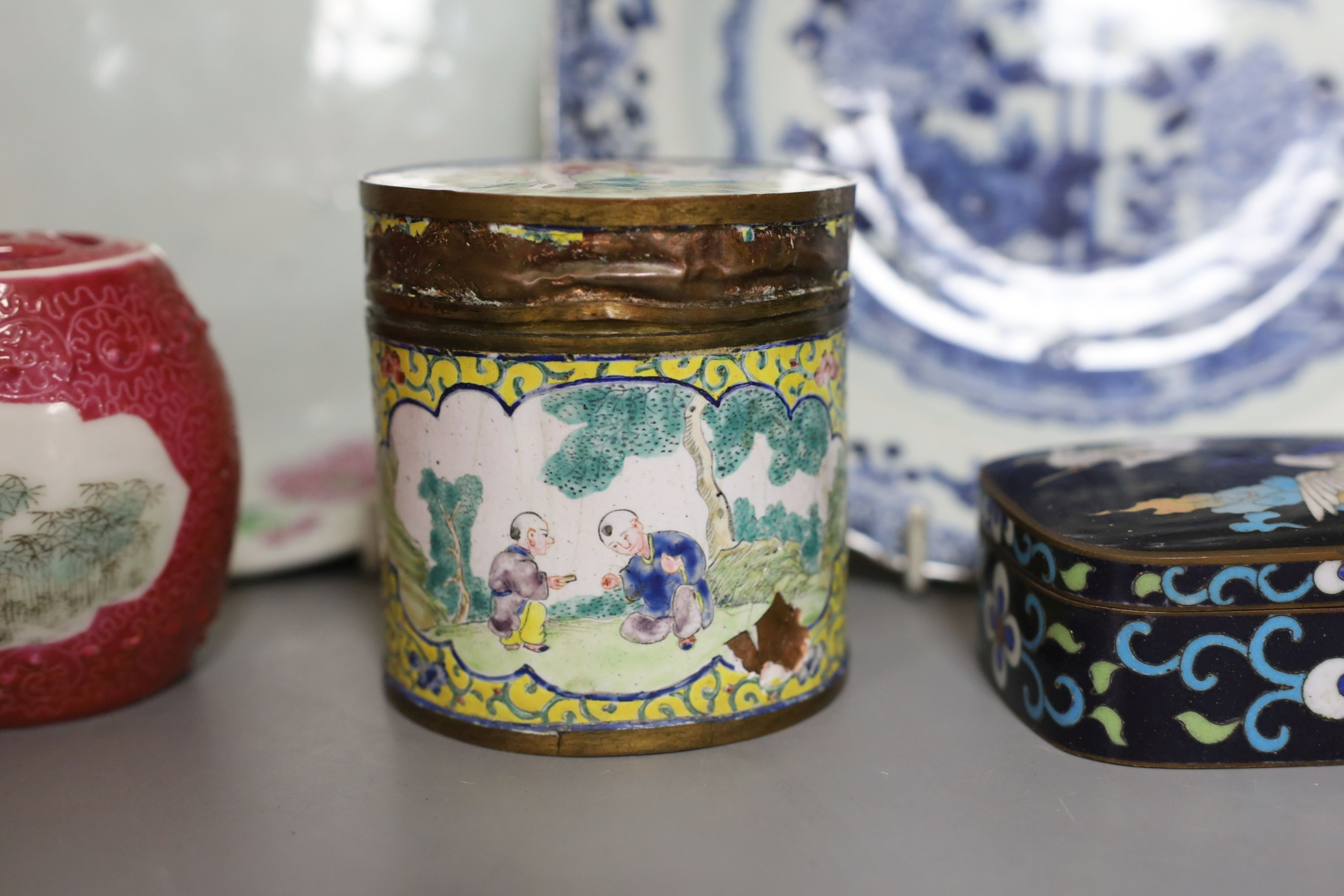 A group of 18th-20th century Chinese porcelain, Canton enamel jar, etc.